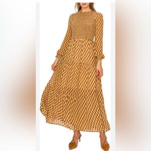 MELLODAY Geometric Long Sleeve Dress in Brown and Cream